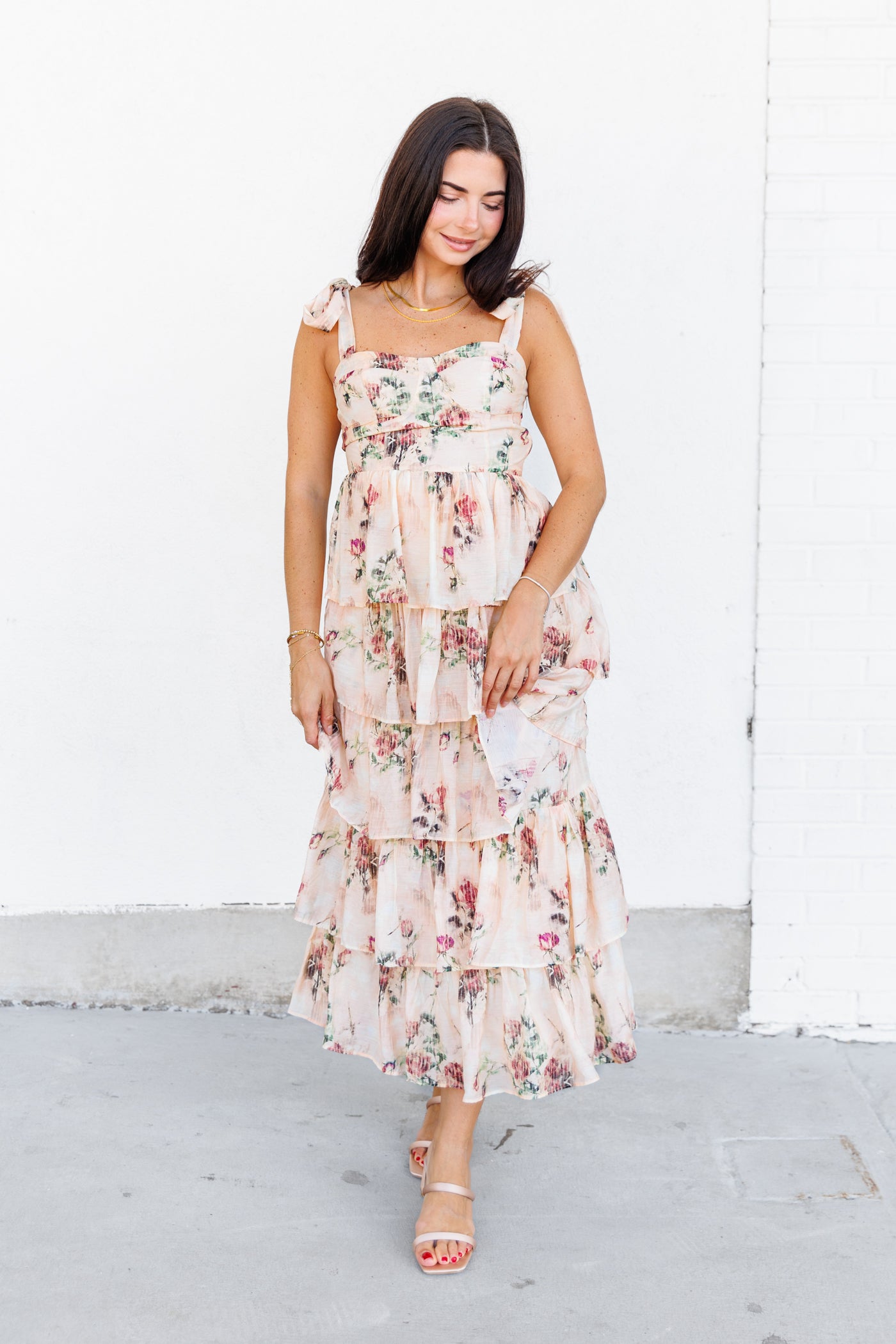 SOFIE THE LABEL TIERED FLOWY FLORAL CHAMPAGNE DRESS