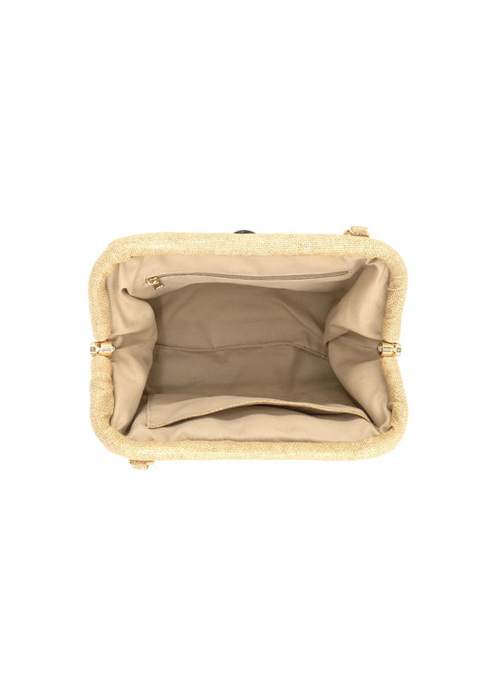 BC HANDBAG WOVEN CLUTCH – A NATURAL BEIGE CLUTCH WITH ROPE TIE DETAIL AND TEXTURED FINISH