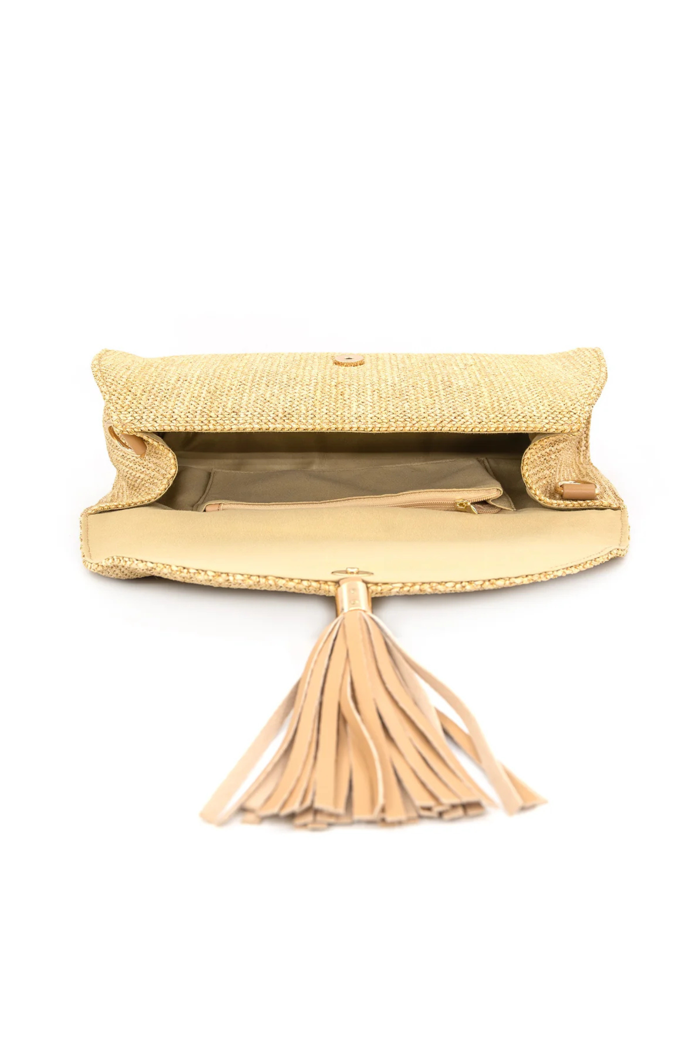 BC HANDBAG WOVEN STRAW CLUTCH ENVELOPE BAG – A NATURAL TEXTURED BAG WITH FRONT TASSEL AND REMOVABLE STRAP