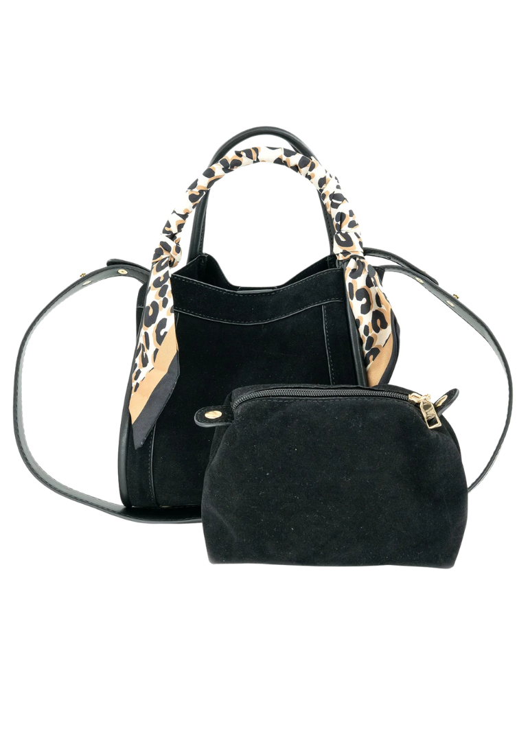 BLACK SUEDE SCARF TOTE BAG