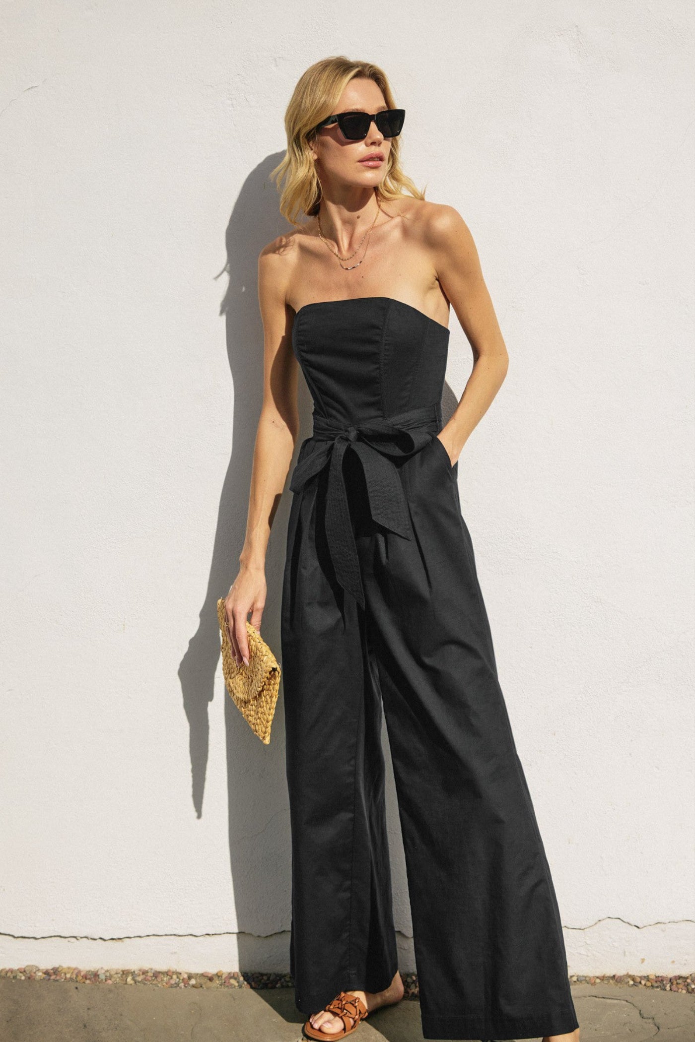 DRESS FORUM STRAPLESS BONING JUMPSUIT SMOCKED BACK