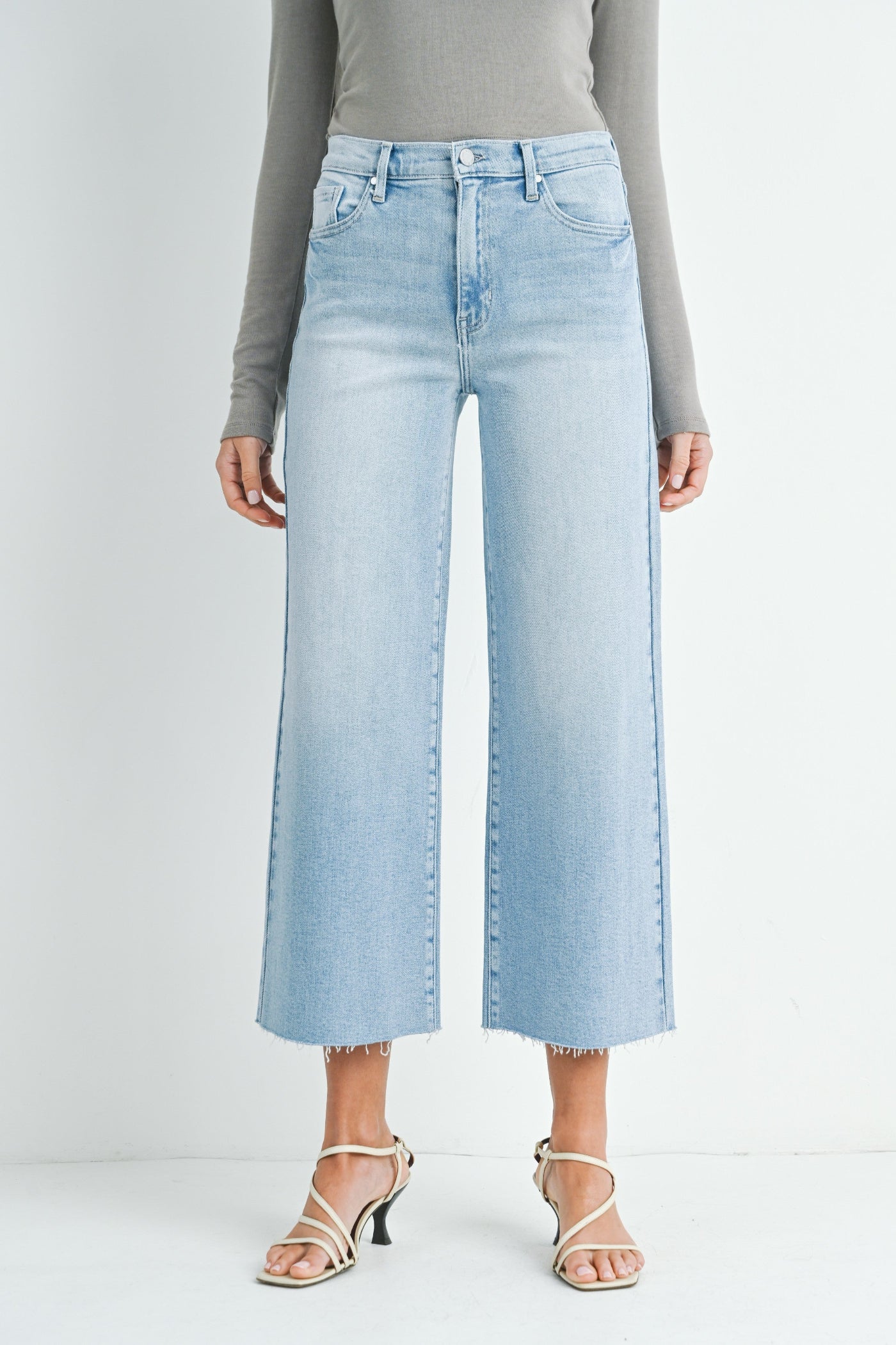 JUST BLACK DENIM SCISSOR CUT WIDE LEG – HIGH-RISE LIGHT WASH JEANS WITH A RAW HEM AND RELAXED FLARE