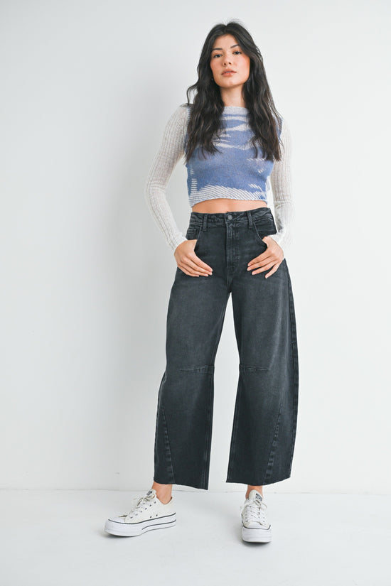 JBD BARREL JEAN WITH SEAMS – A VIRAL WASHED BLACK BARREL JEAN WITH ON-TREND SEAMS AND SILVER HARDWARE