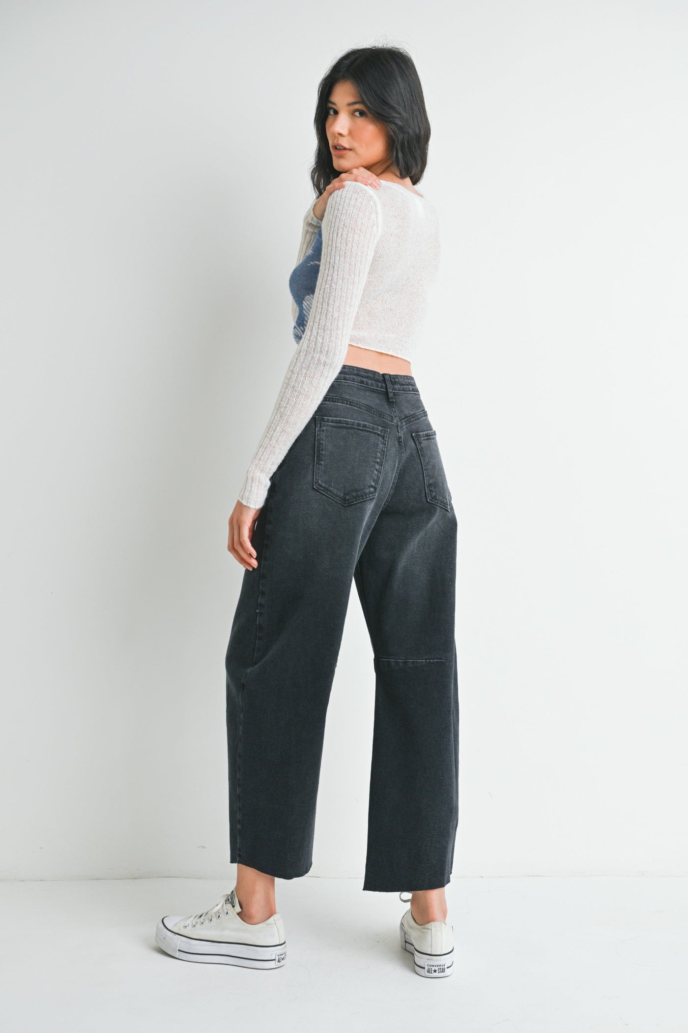 JBD BARREL JEAN WITH SEAMS – A VIRAL WASHED BLACK BARREL JEAN WITH ON-TREND SEAMS AND SILVER HARDWARE