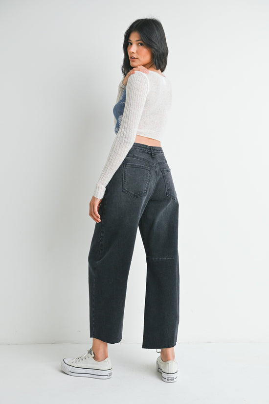 JBD BARREL JEAN WITH SEAMS – A VIRAL WASHED BLACK BARREL JEAN WITH ON-TREND SEAMS AND SILVER HARDWARE