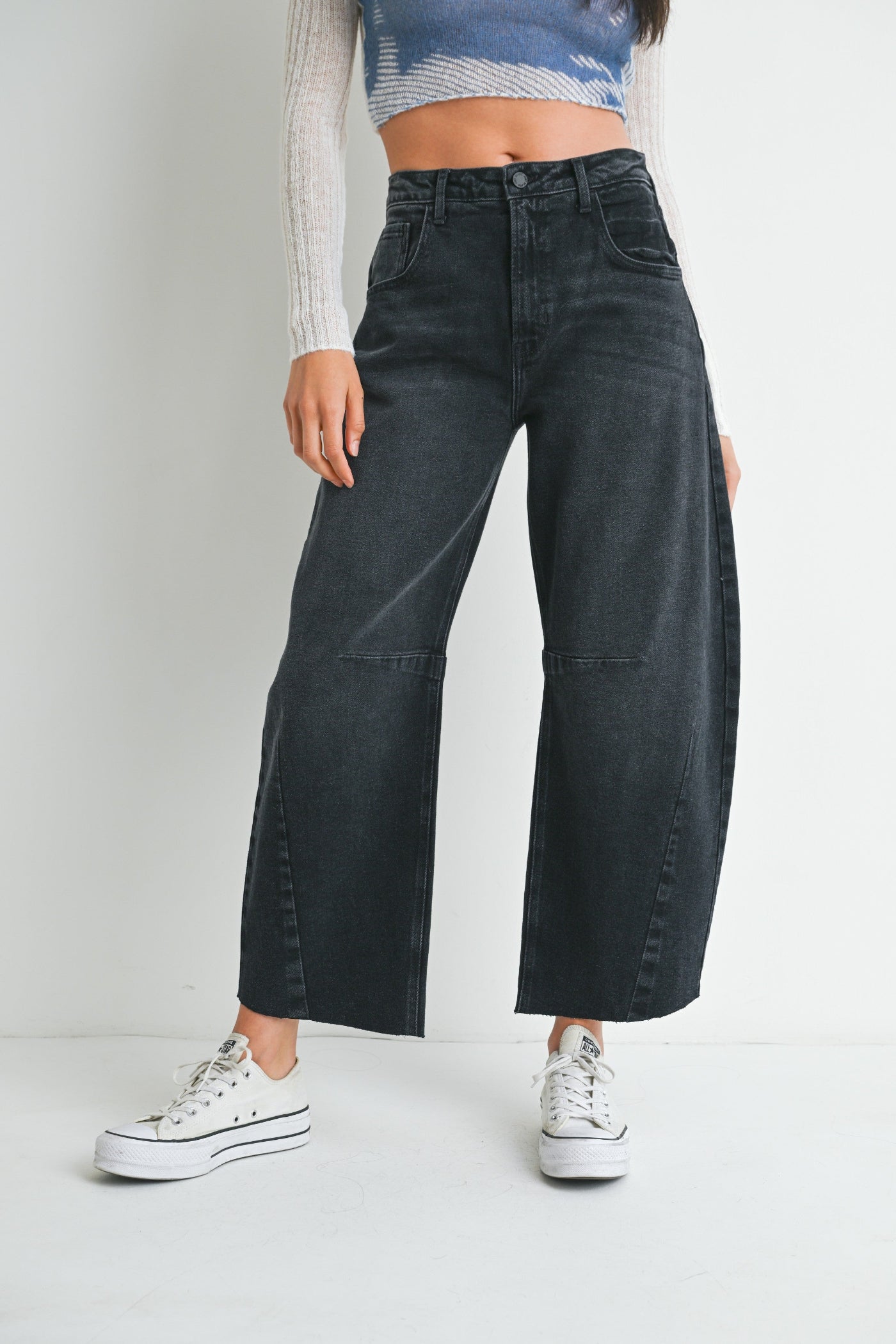JBD BARREL JEAN WITH SEAMS – A VIRAL WASHED BLACK BARREL JEAN WITH ON-TREND SEAMS AND SILVER HARDWARE
