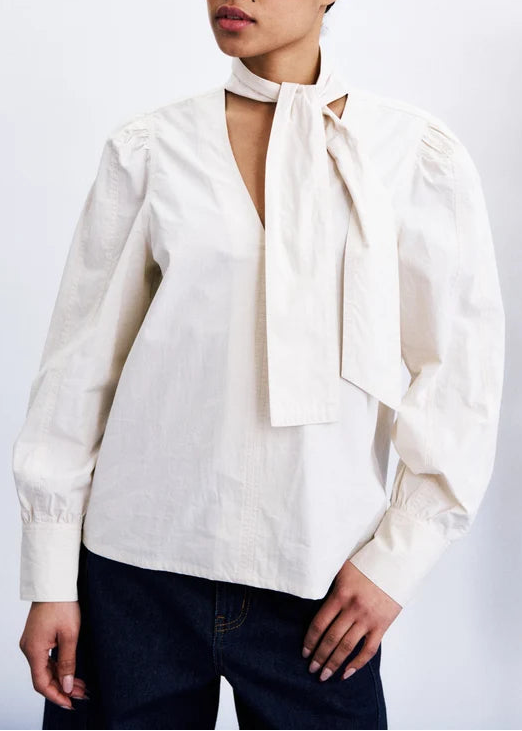 TIE-NECK PUFF-SLEEVE POPLIN BLOUSE