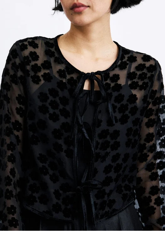SHEER VELVET FLORAL TIE-FRONT TOP