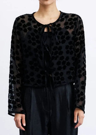 SHEER VELVET FLORAL TIE-FRONT TOP