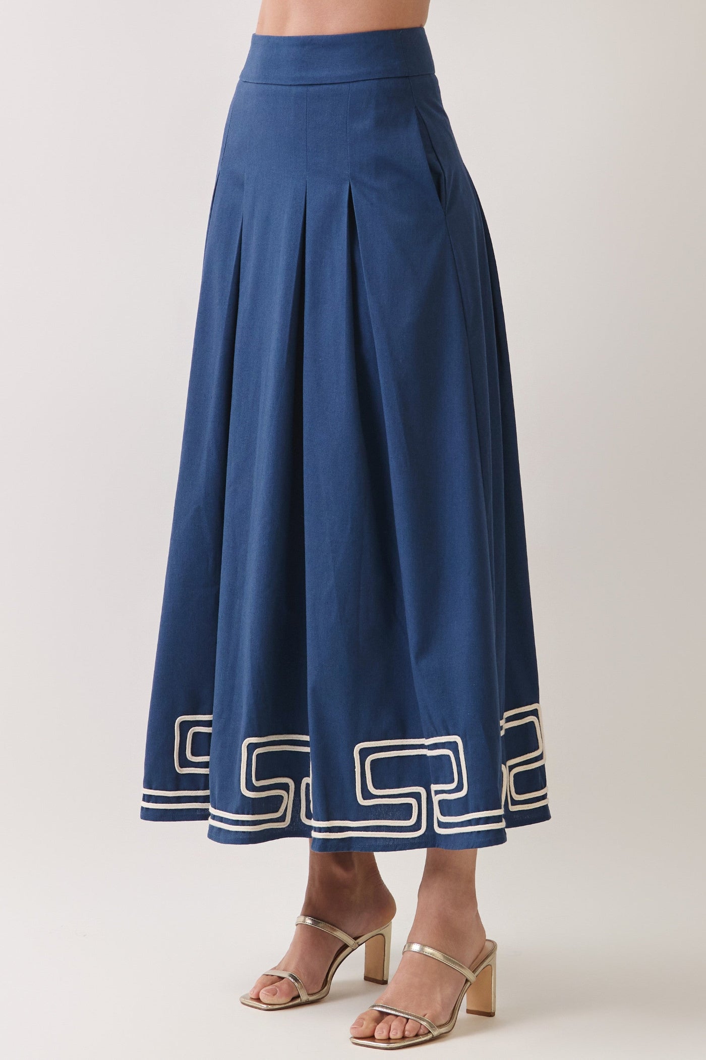 NAVY EMBROIDERED GREEK KEY PLEATED MAXI SKIRT
