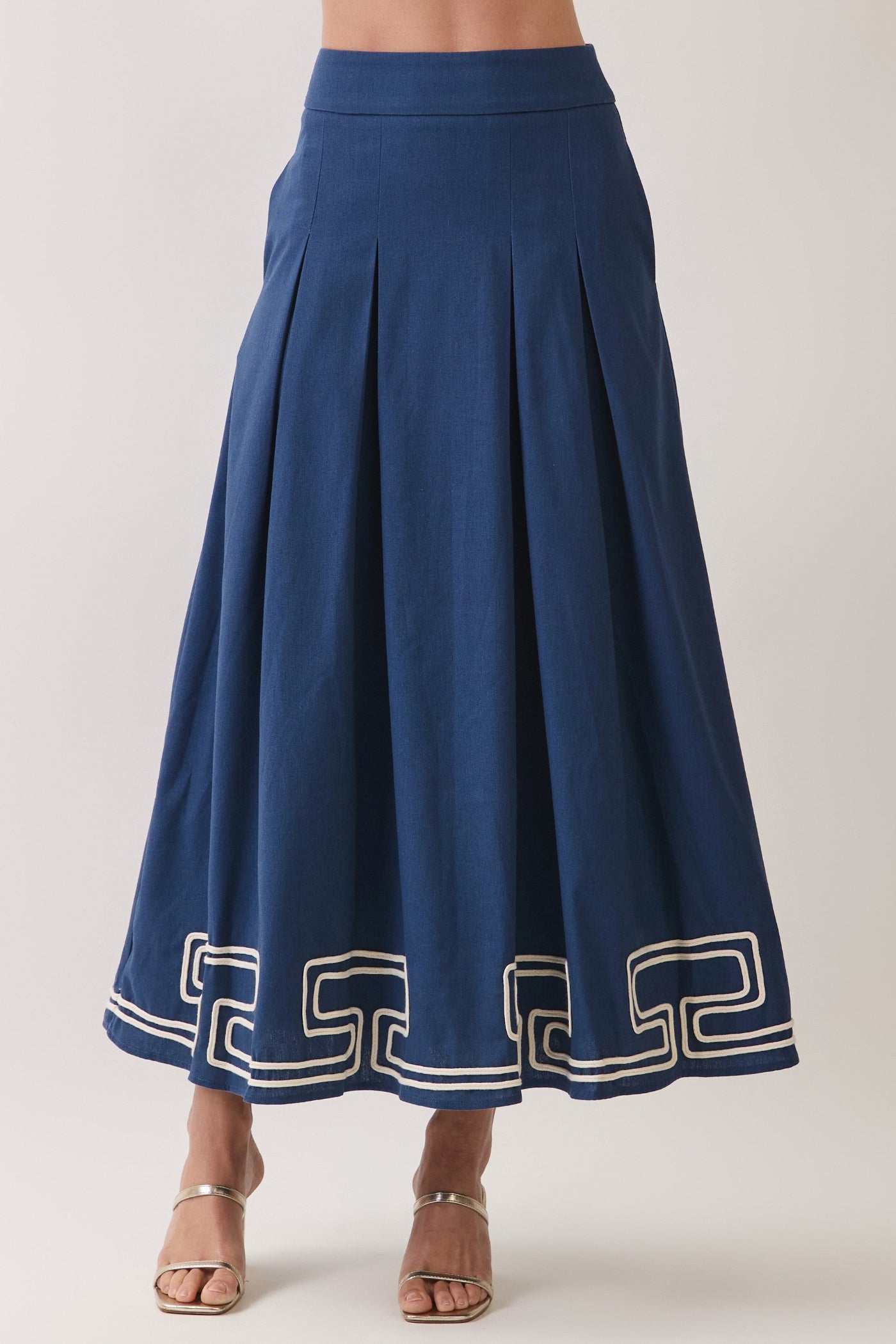 NAVY EMBROIDERED GREEK KEY PLEATED MAXI SKIRT