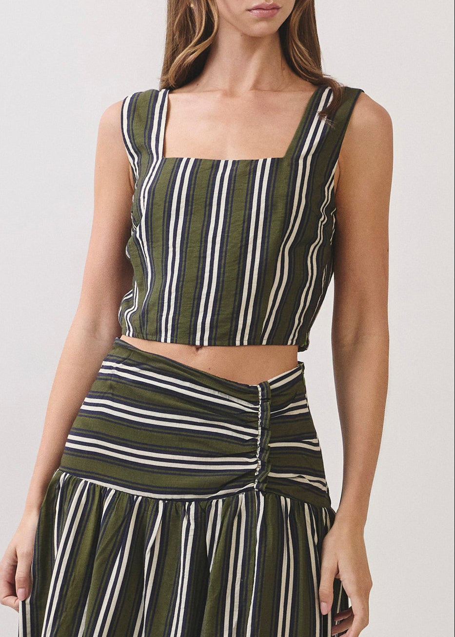 OLIVE STRIPED SQUARE-NECK CROP TOP