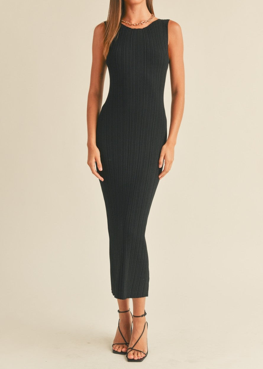 BLACK RIBBED KNIT SLEEVELESS MAXI DRESS