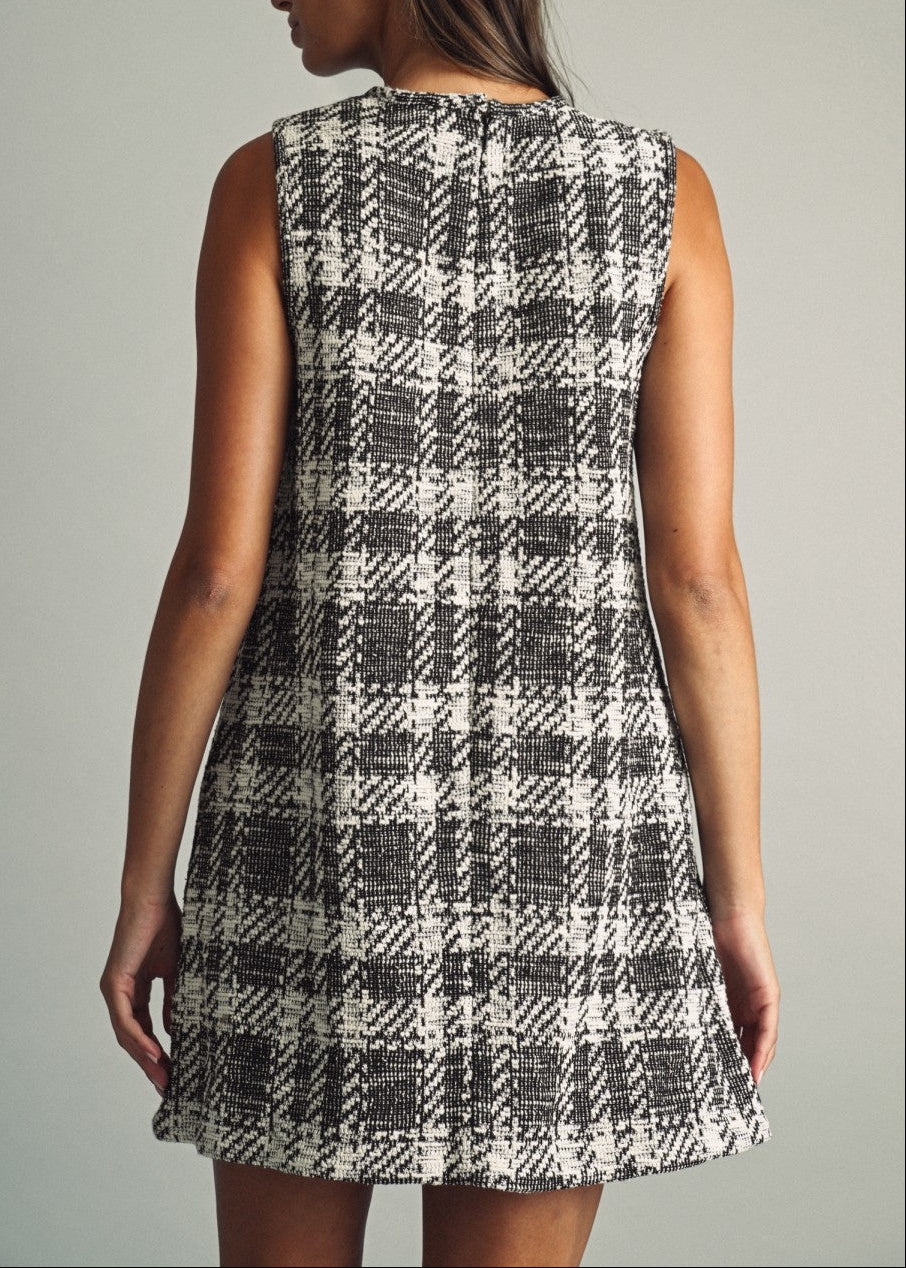 Plaid Tweed Sleeveless Crewneck Mini Dress With Pockets