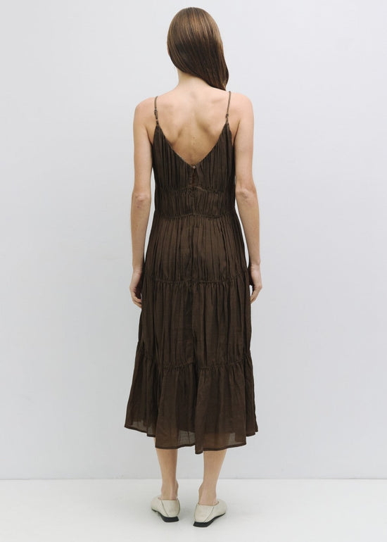 MOD REF THE KENDRA DRESS – A TEXTURED, FLOWING MAXI WITH SPAGHETTI STRAPS AND A RELAXED SILHOUETTE BROWN DRESS