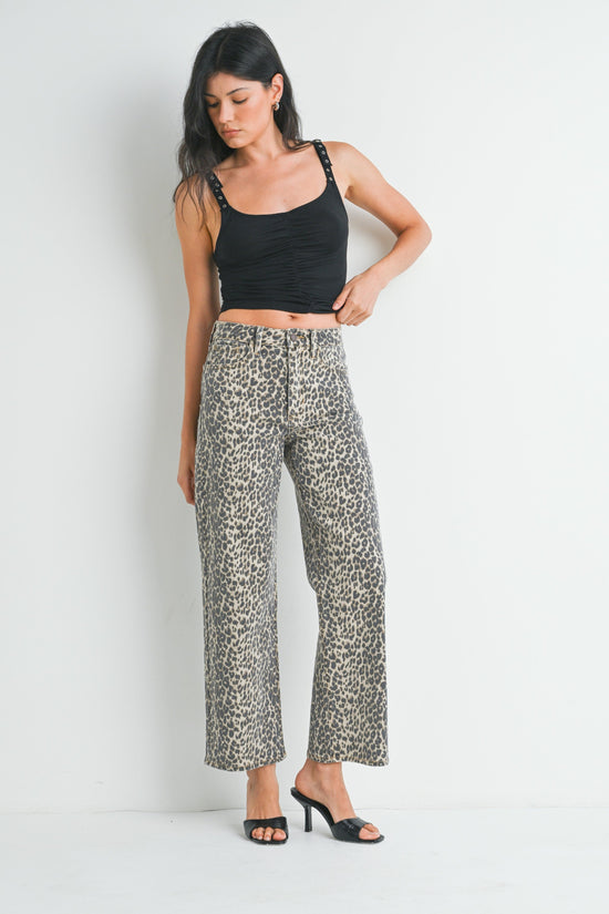 JUST BLACK DENIM LEOPARD PRINT TRENDING JEANS, VINTAGE STRAIGHT