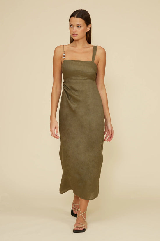 LUCY PARIS FALLON DRESS IN OLIVE – BEADED LINEN MIDI