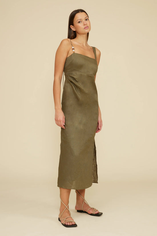 LUCY PARIS FALLON DRESS IN OLIVE – BEADED LINEN MIDI 100% LINEN SLIT DRESS
