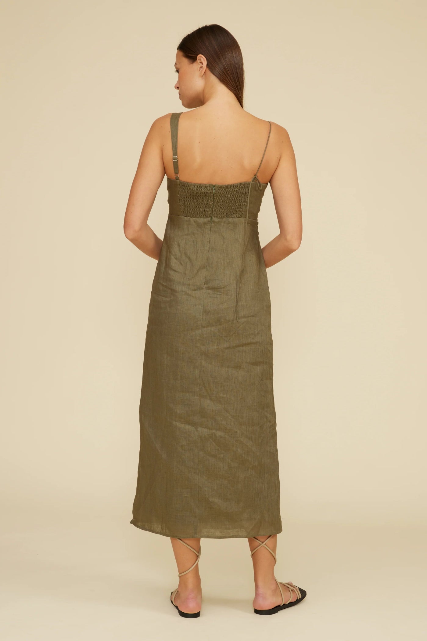 LUCY PARIS FALLON DRESS IN OLIVE – BEADED LINEN MIDI SMOCKED BACK