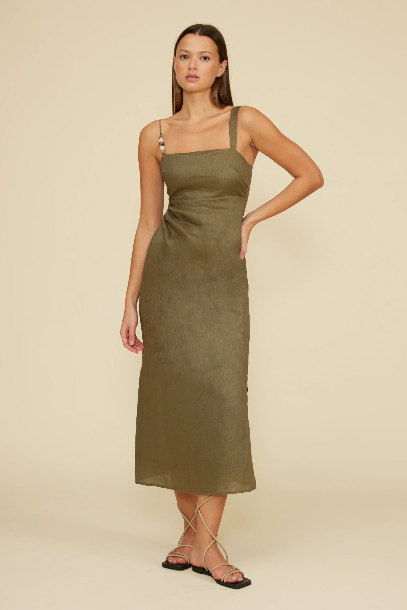 LUCY PARIS FALLON DRESS IN OLIVE – BEADED LINEN MIDI LINEN SLEEVELESS DRESS