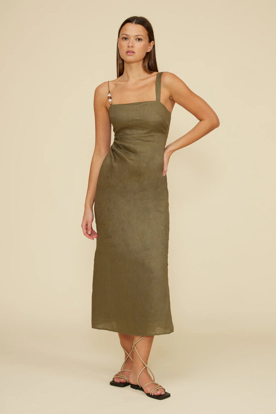 LUCY PARIS FALLON DRESS IN OLIVE – BEADED LINEN MIDI LINEN SLEEVELESS DRESS