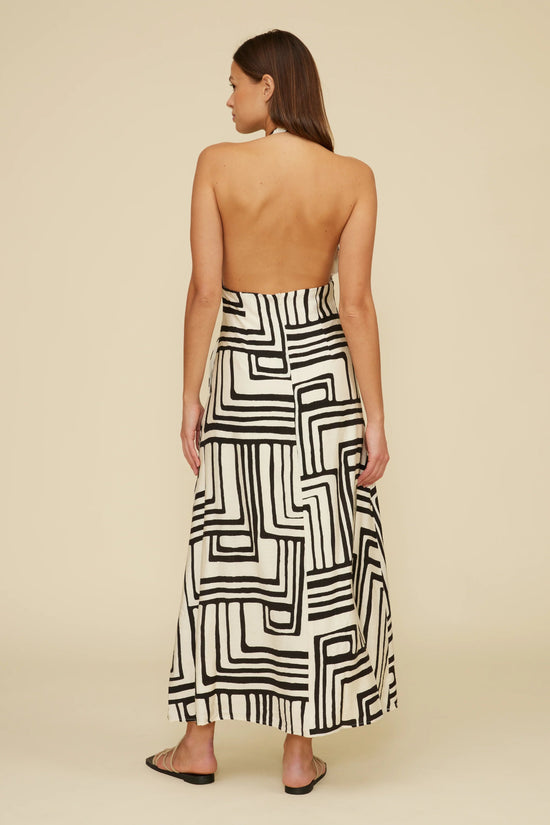 LUCY PARIS ANJELICA HALTER DRESS – A BLACK ABSTRACT PRINT MAXI WITH A STRIKING OPEN BACK AND HALTER NECKLINE