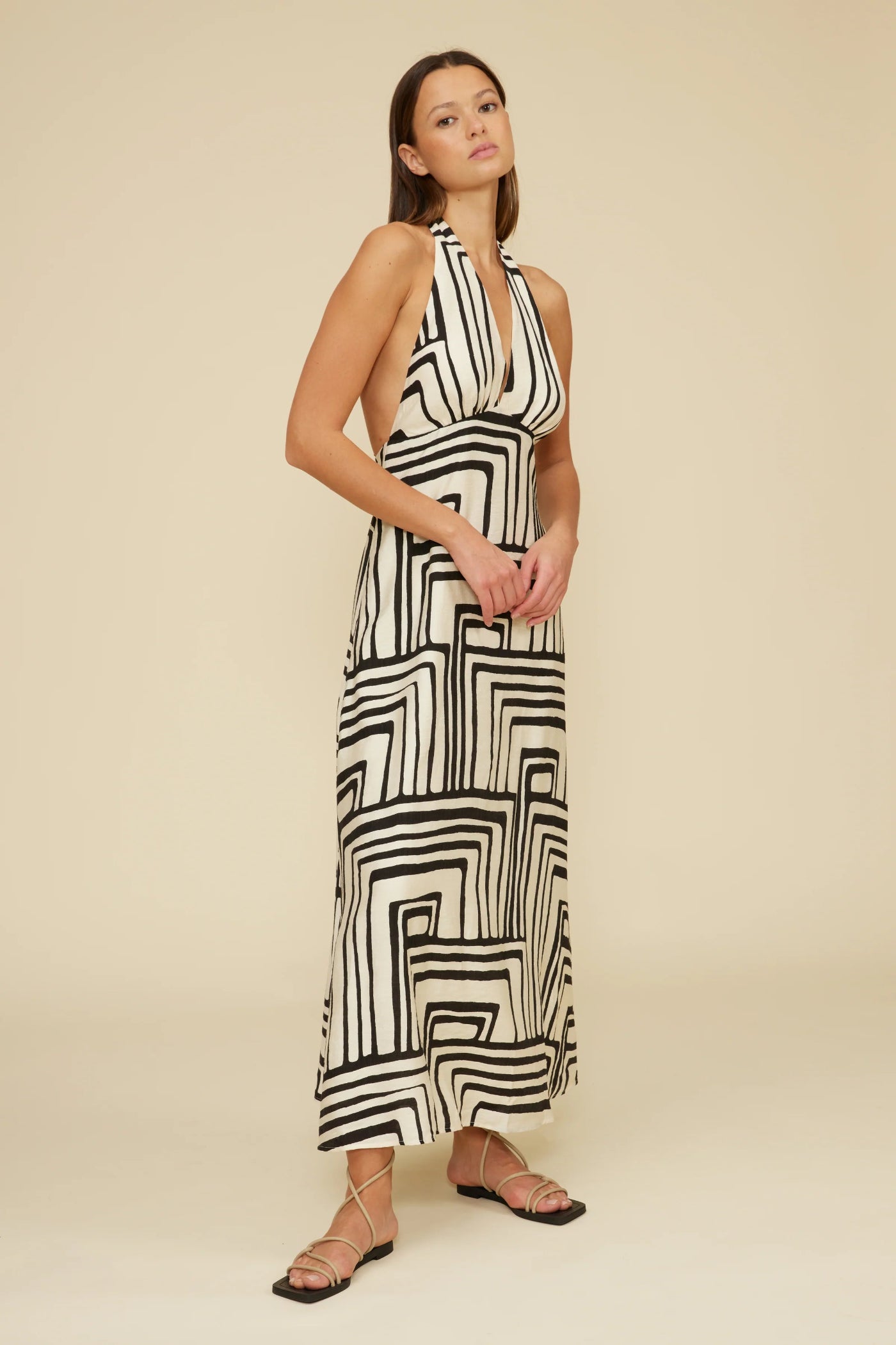 LUCY PARIS ANJELICA HALTER DRESS – A BLACK ABSTRACT PRINT MAXI WITH A STRIKING OPEN BACK AND HALTER NECKLINE