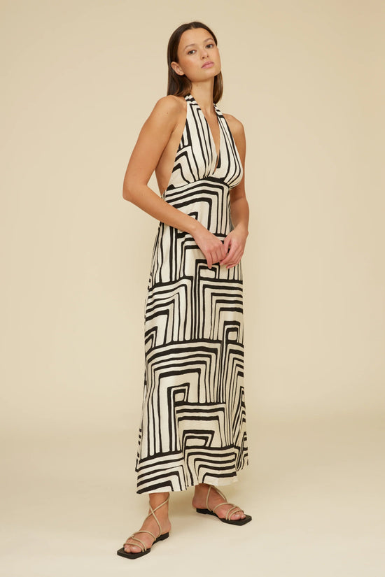 LUCY PARIS ANJELICA HALTER DRESS – A BLACK ABSTRACT PRINT MAXI WITH A STRIKING OPEN BACK AND HALTER NECKLINE