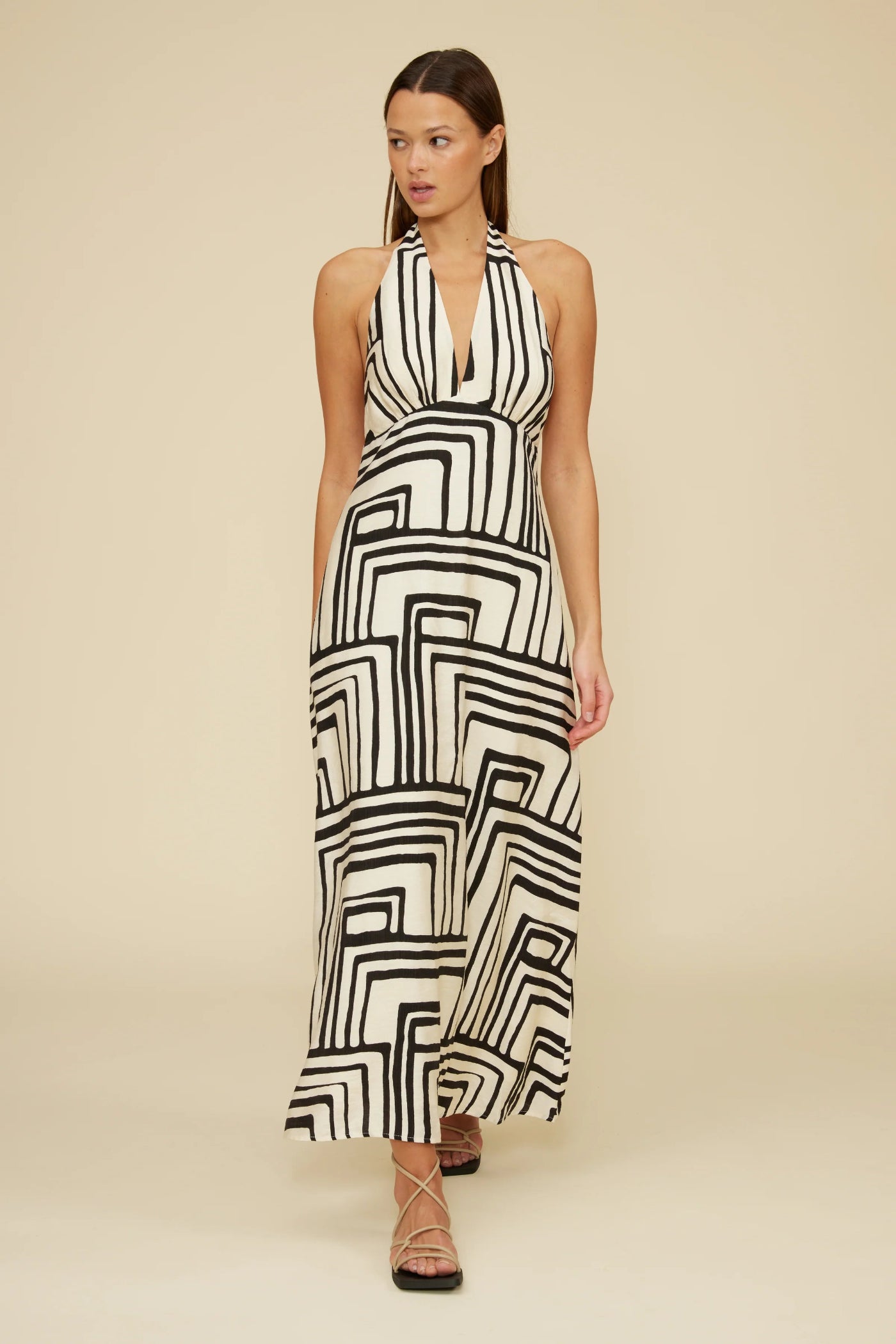 LUCY PARIS ANJELICA HALTER DRESS – A BLACK ABSTRACT PRINT MAXI WITH A STRIKING OPEN BACK AND HALTER NECKLINE