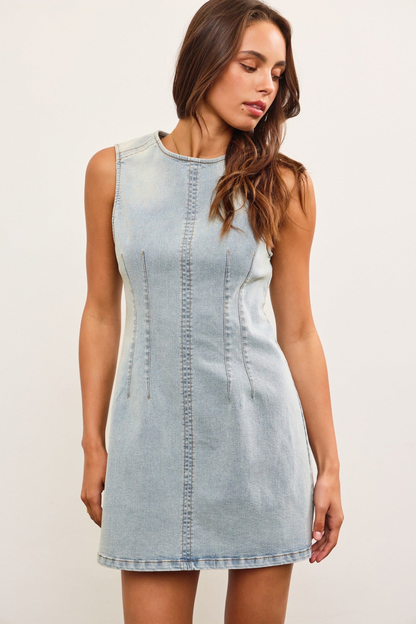 MUSTARD SEED FITTED SLEEVELESS DENIM MINI DRESS – A HIGH-NECK MINI WITH A CINCHED WAIST AND MODERN EDGE