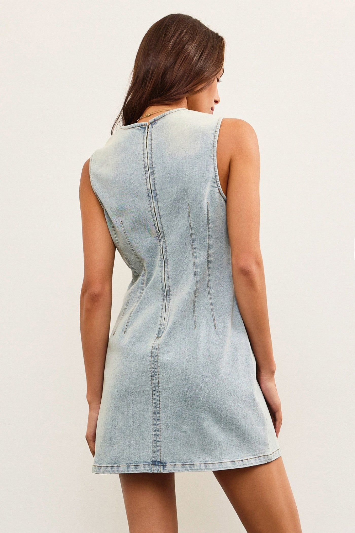 MUSTARD SEED FITTED SLEEVELESS DENIM MINI DRESS – A HIGH-NECK MINI WITH A CINCHED WAIST AND MODERN EDGE