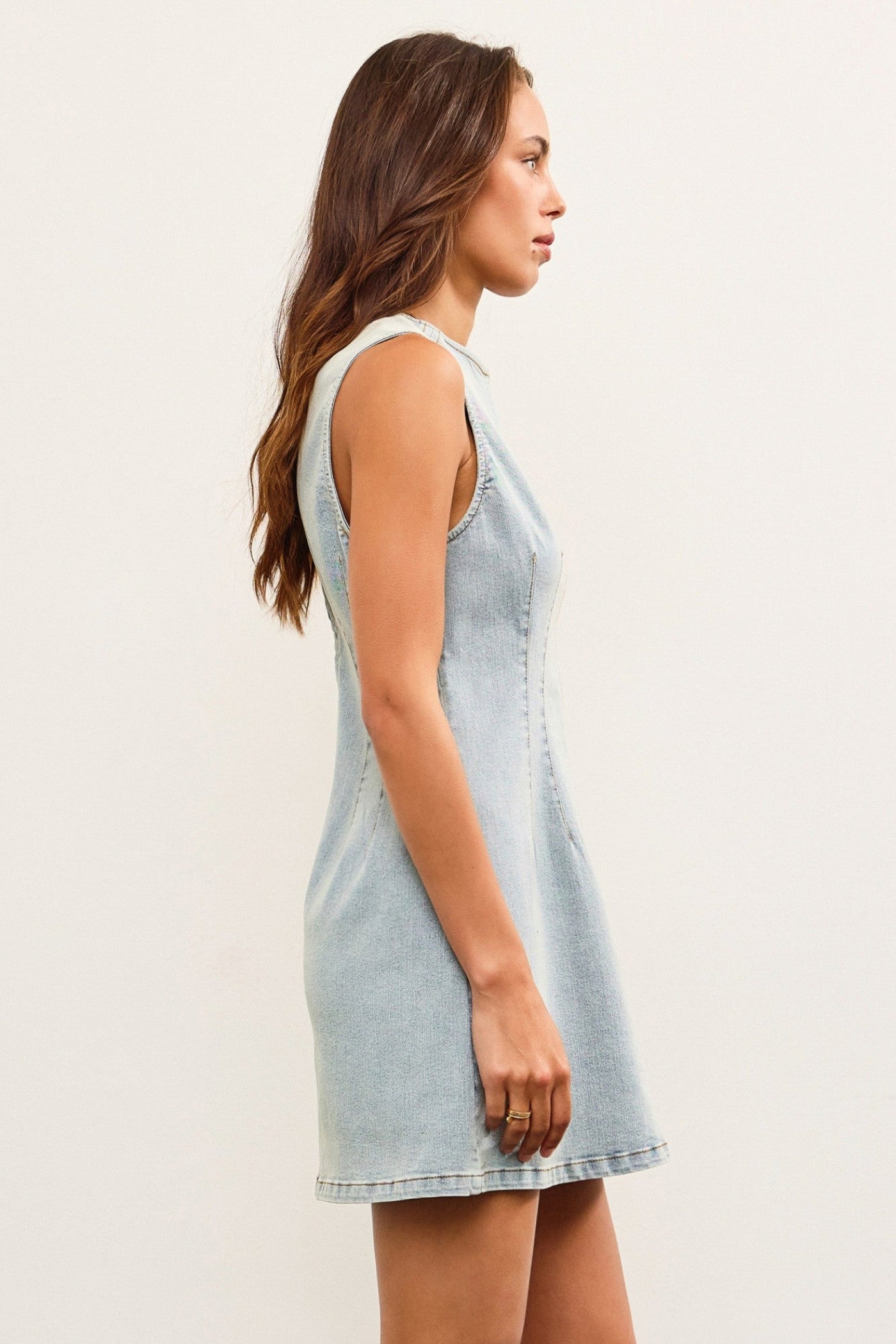 MUSTARD SEED FITTED SLEEVELESS DENIM MINI DRESS – A HIGH-NECK MINI WITH A CINCHED WAIST AND MODERN EDGE