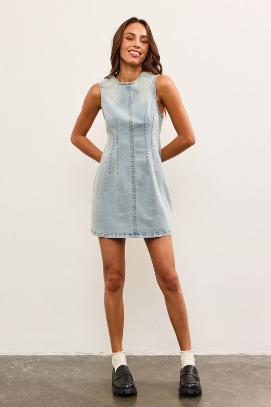 MUSTARD SEED FITTED SLEEVELESS DENIM MINI DRESS – A HIGH-NECK MINI WITH A CINCHED WAIST AND MODERN EDGE