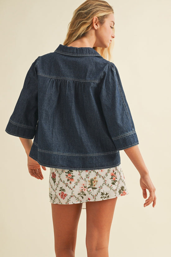 MUSTARD SEED V-NECK DENIM SWING TOP – A RELAXED COTTON BLOUSE WITH A SWINGY SHAPE AND CLASSIC COLLAR