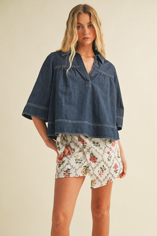 MUSTARD SEED V-NECK DENIM SWING TOP – A RELAXED COTTON BLOUSE WITH A SWINGY SHAPE AND CLASSIC COLLAR