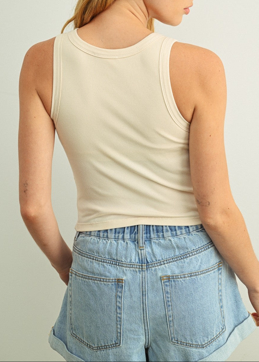 CREAM SLEEVELESS RIBBED TANK TOP