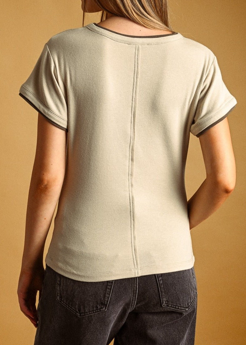 TAN DOUBLE LAYERED LOOK SHORT SLEEVE TOP