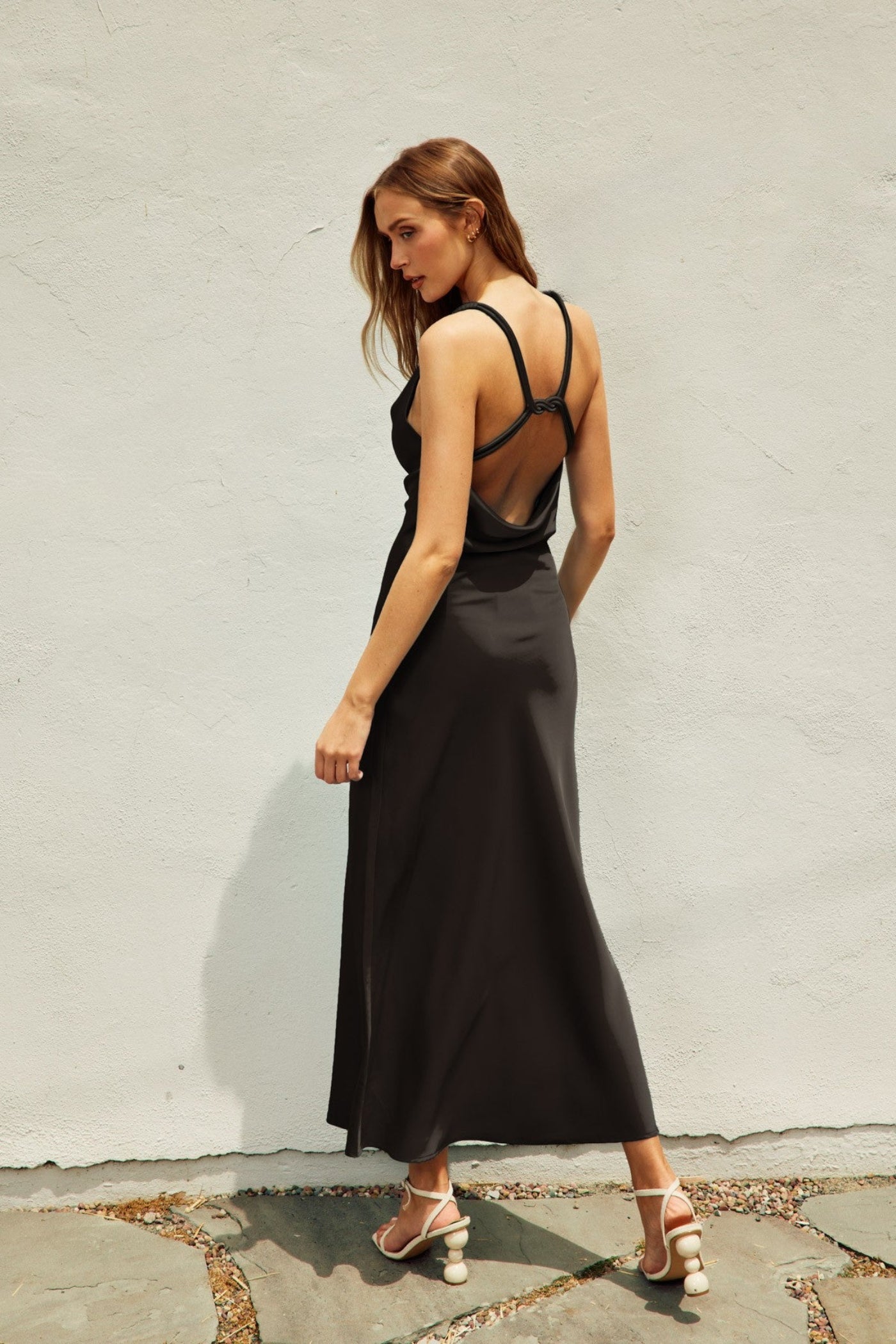 DRESS FORUM TWIST AND SHOUT CORD STRAP MAXI DRESS – A SATIN COWL NECK MAXI WITH TWISTED ROPE STRAPS AND AN OPEN BACK