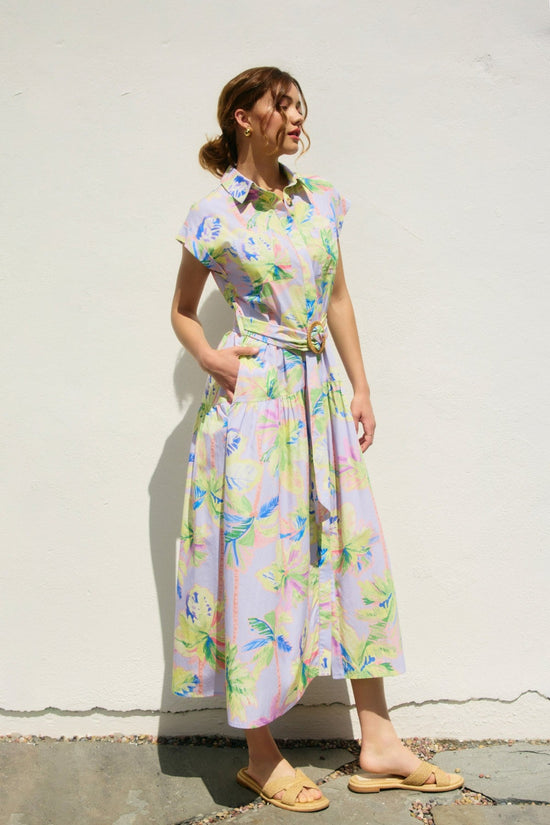 DRESS FORUM FLORAL RADIANCE SASH BELT SHIRT DRESS – A FLORAL SHIRT DRESS WITH A SASH BELT AND ROLL-UP SLEEVES