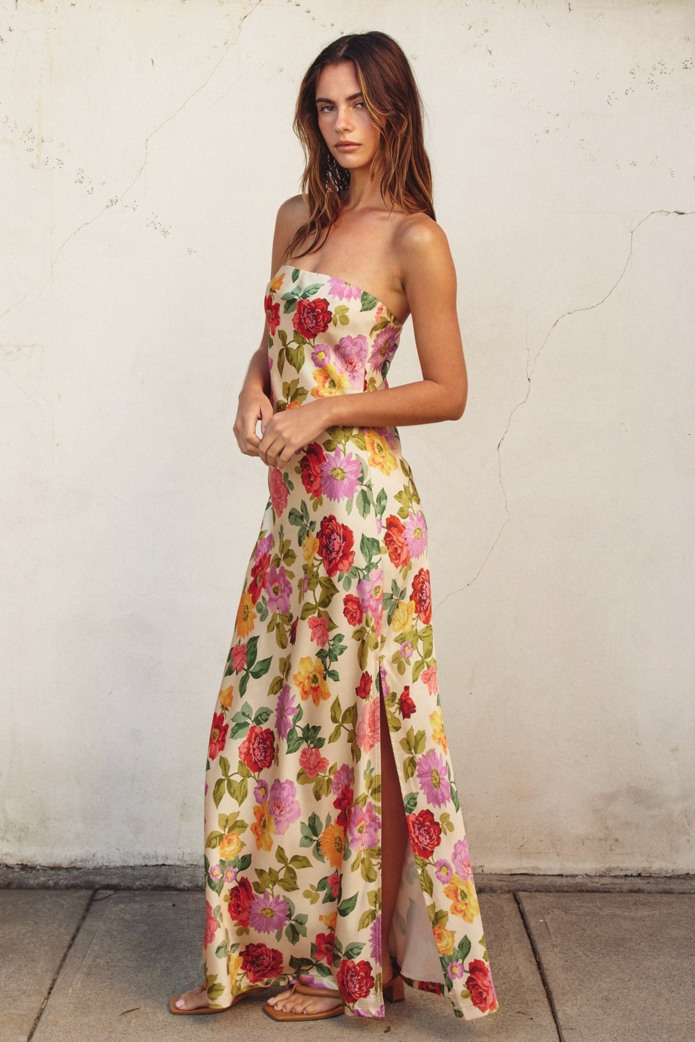 DRESS FORUM GIFT OF LOVE STRAPLESS FLORAL BIAS CUT MAXI DRESS WITH SLIT