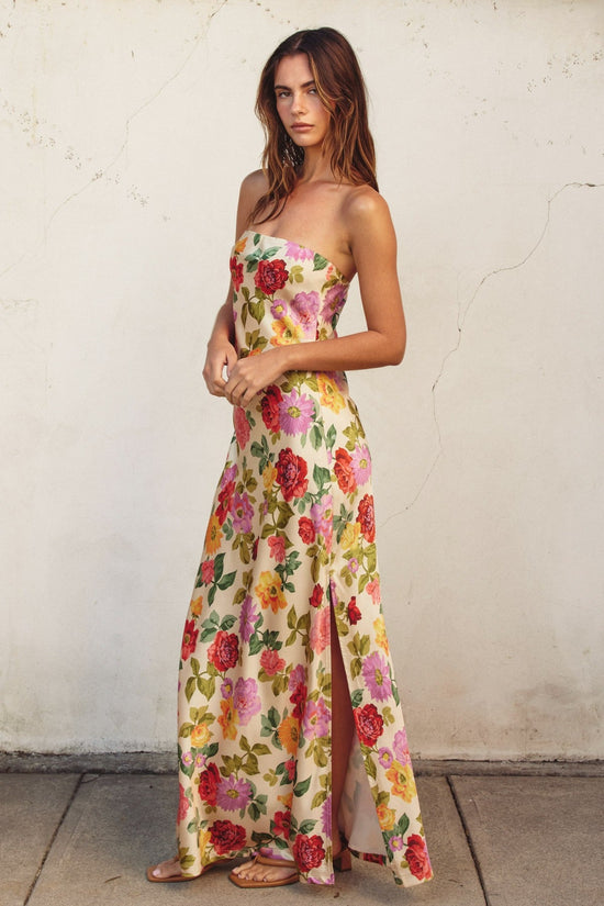 DRESS FORUM GIFT OF LOVE STRAPLESS FLORAL BIAS CUT MAXI DRESS WITH SLIT