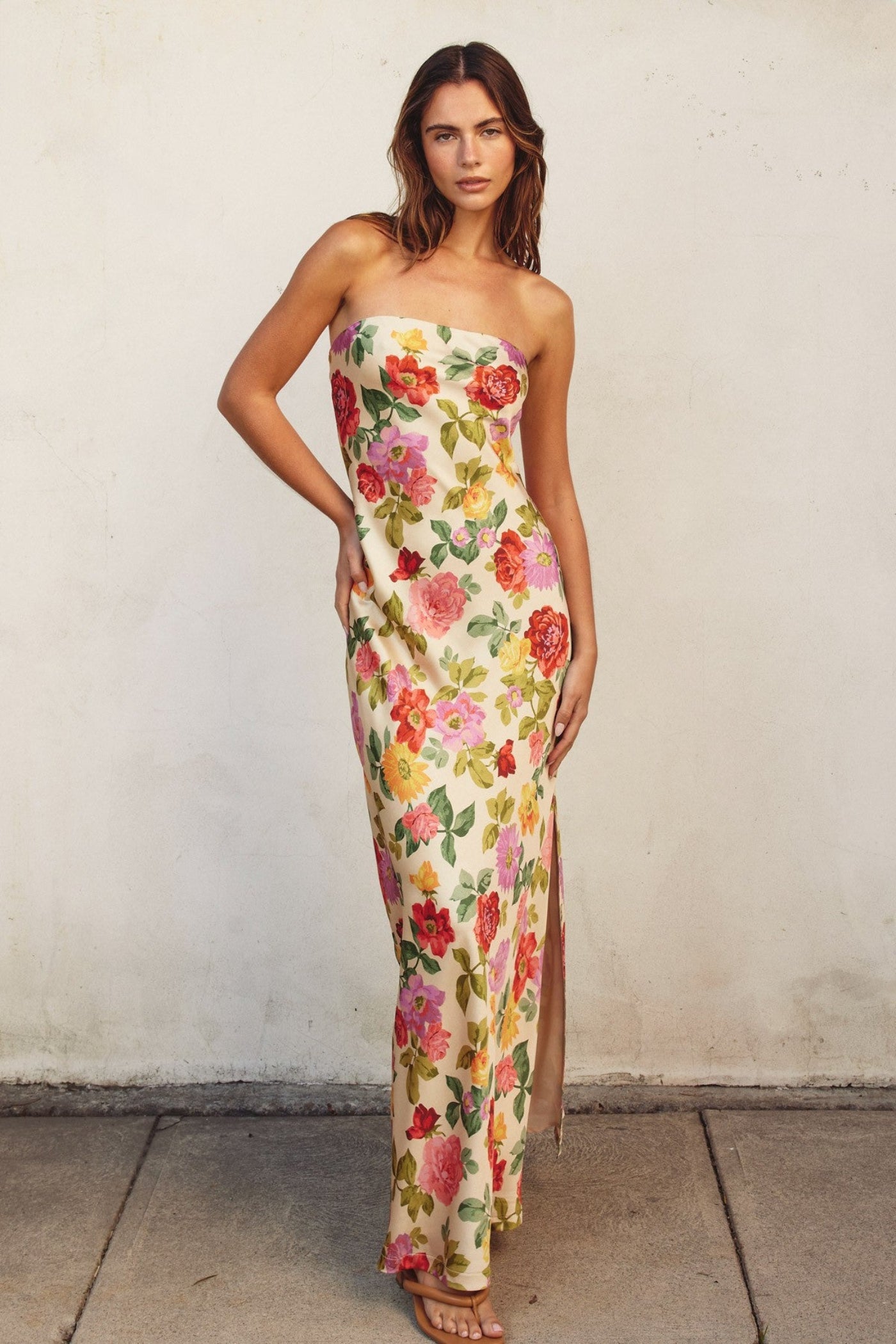 DRESS FORUM GIFT OF LOVE STRAPLESS FLORAL BIAS CUT MAXI DRESS WITH SLIT