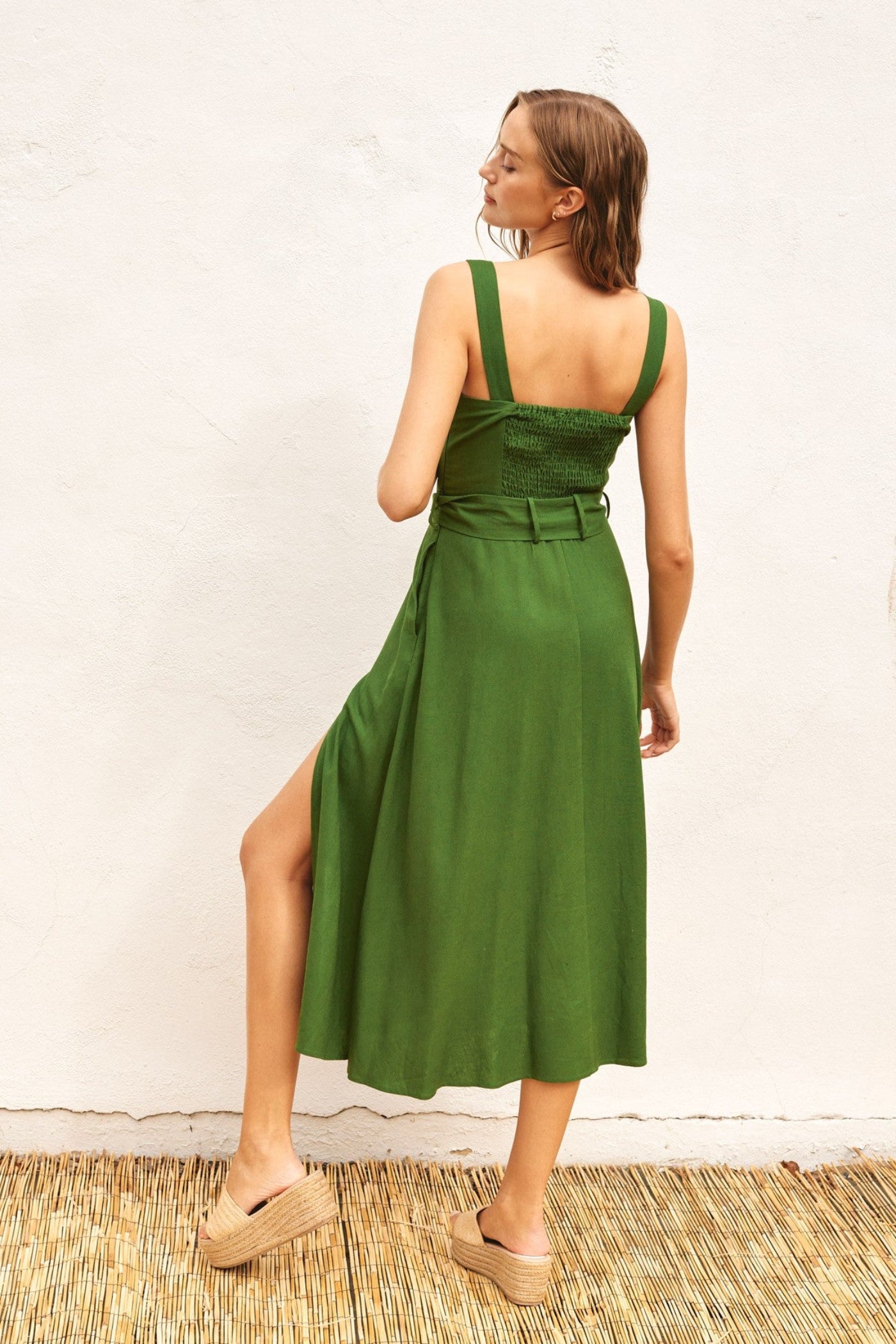 BELTED SIDE SLIT MIDI DRESS