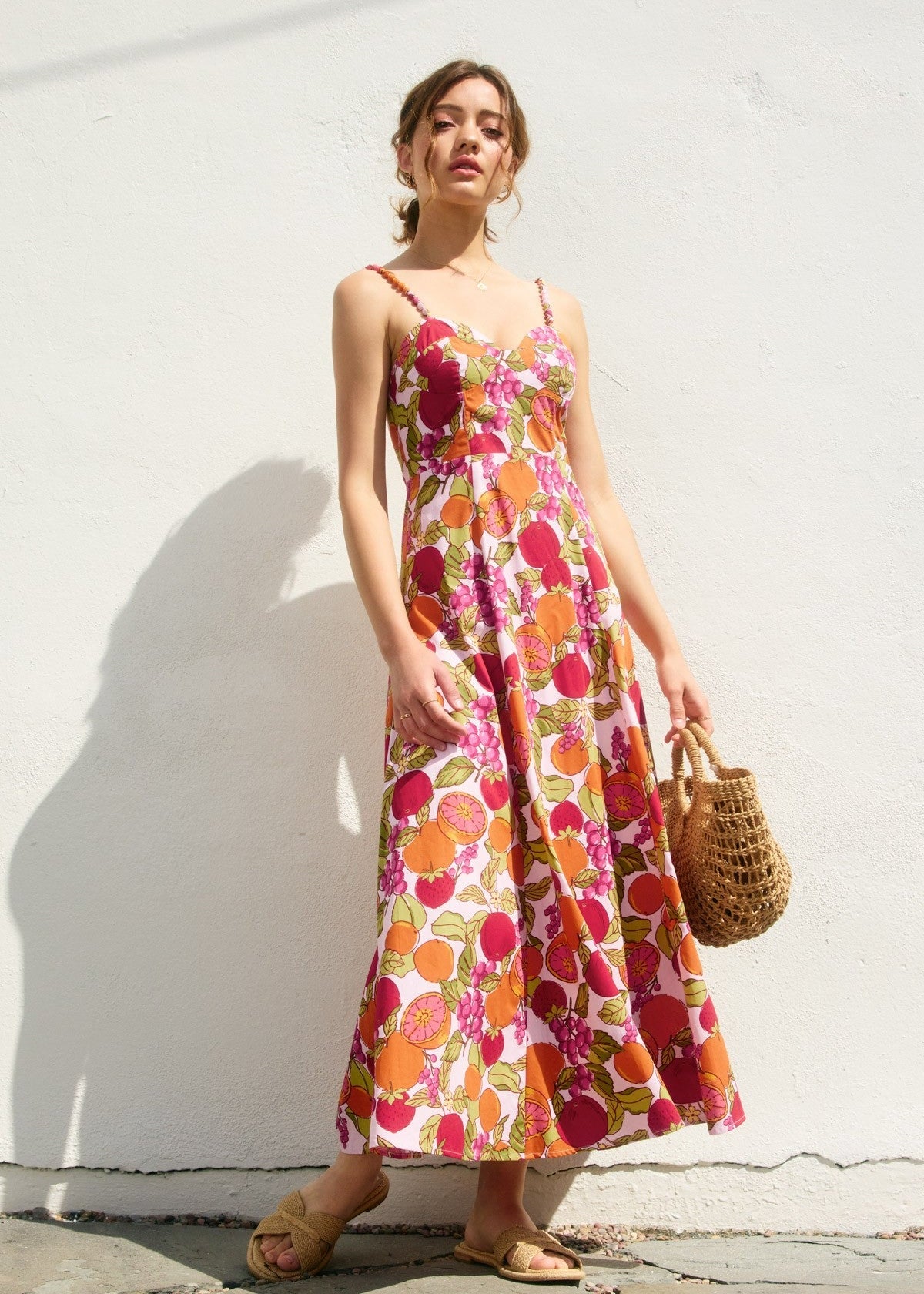 DRESS FORUM SANGRIA FRUIT PRINT MAXI DRESS – COTTON MAXI WITH BEADED STRAPS &amp; SWEETHEART NECKLINE