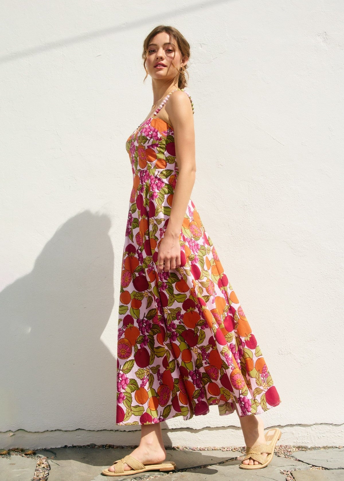 DRESS FORUM SANGRIA FRUIT PRINT MAXI DRESS – COTTON MAXI WITH BEADED STRAPS &amp; SWEETHEART NECKLINE