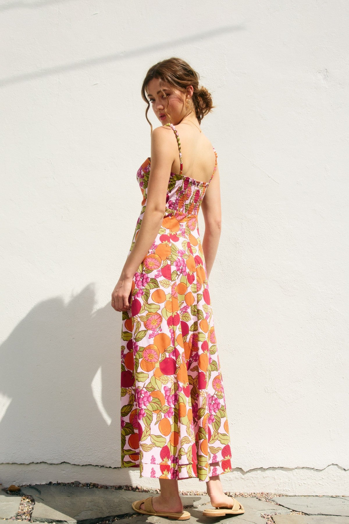 DRESS FORUM SANGRIA FRUIT PRINT MAXI DRESS – COTTON MAXI WITH BEADED STRAPS &amp; SWEETHEART NECKLINE
