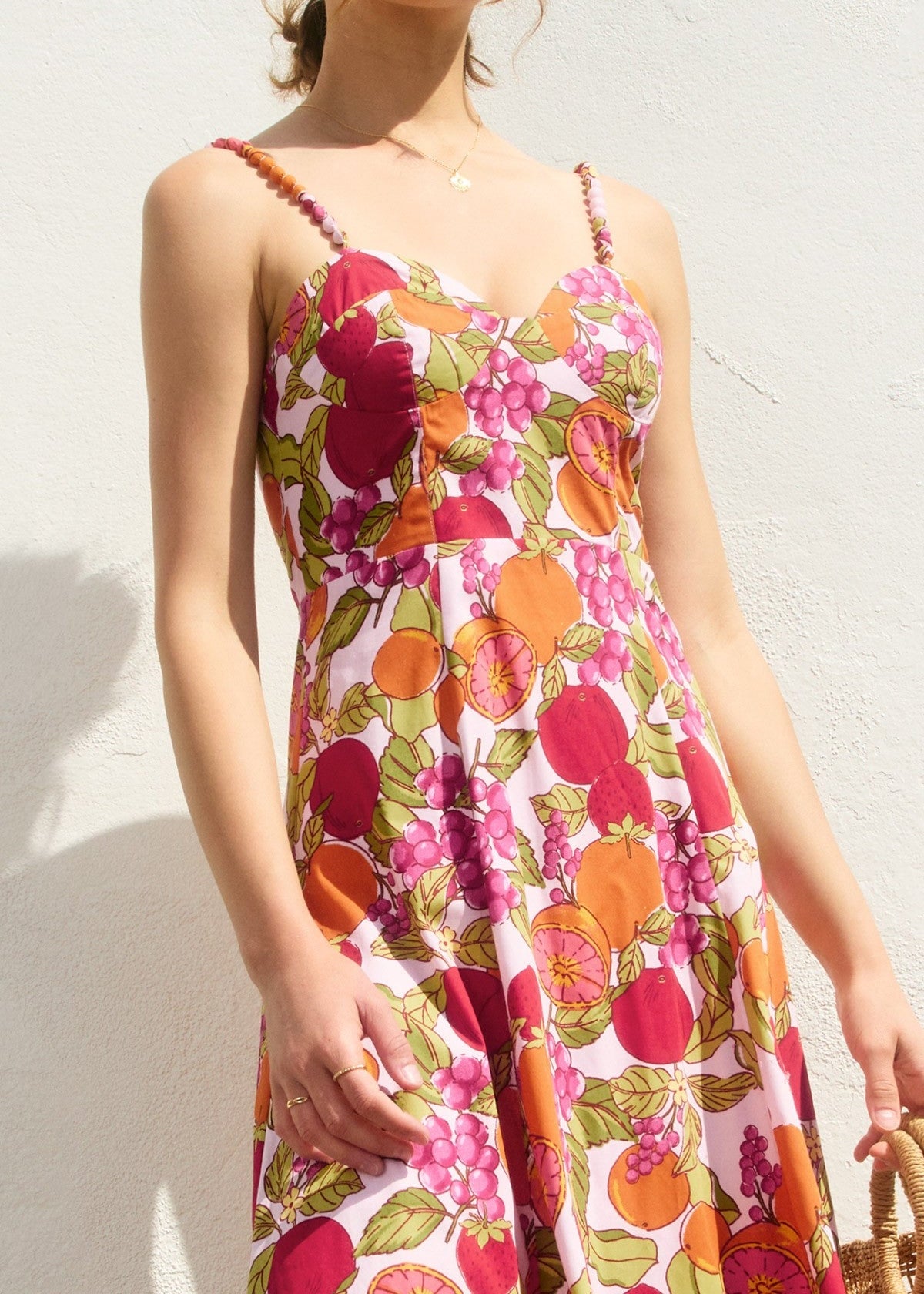 DRESS FORUM SANGRIA FRUIT PRINT MAXI DRESS – COTTON MAXI WITH BEADED STRAPS &amp; SWEETHEART NECKLINE
