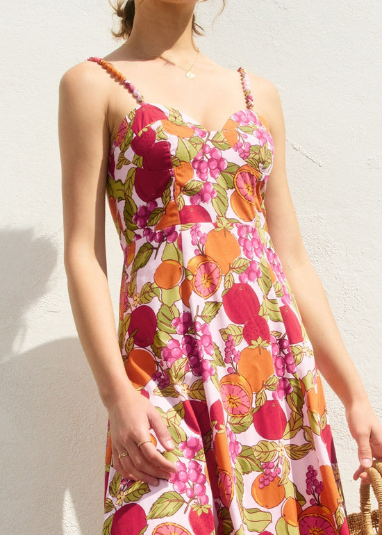 DRESS FORUM SANGRIA FRUIT PRINT MAXI DRESS – COTTON MAXI WITH BEADED STRAPS &amp; SWEETHEART NECKLINE