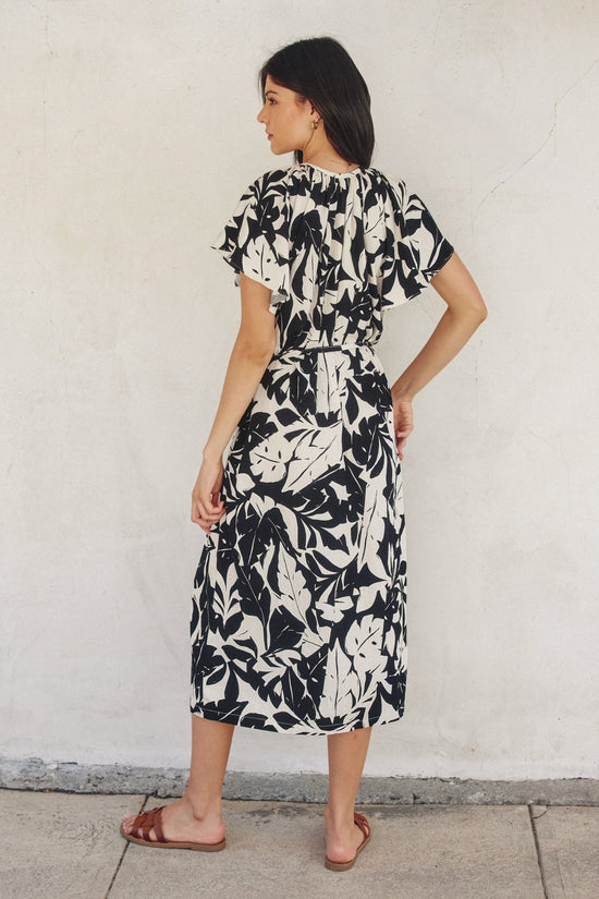 DRESS FORUM LOVE LETTER GATHERED NECK BUTTON DOWN DRESS – LEAF SHADOW PRINT MIDI WITH FLIRTY FLOW AND A FEMININE FIT