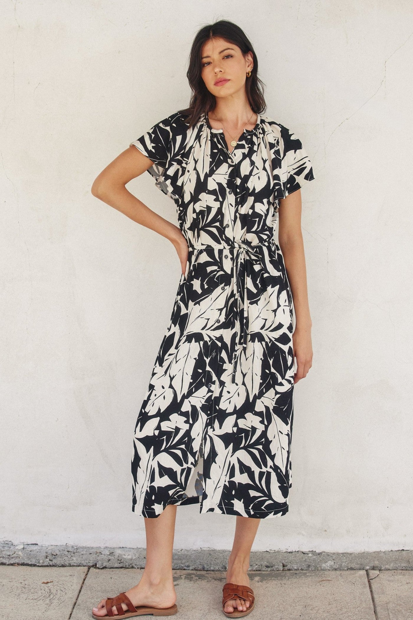DRESS FORUM LOVE LETTER GATHERED NECK BUTTON DOWN DRESS – LEAF SHADOW PRINT MIDI WITH FLIRTY FLOW AND A FEMININE FIT